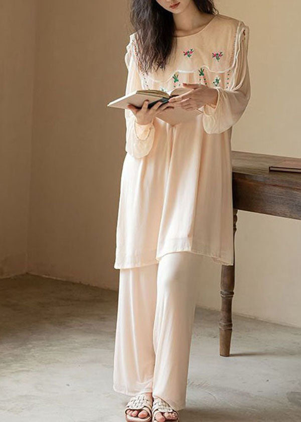 Natural Apricot O-Neck Embroideried Patchwork Ice Silk Pajamas Two Piece Spring