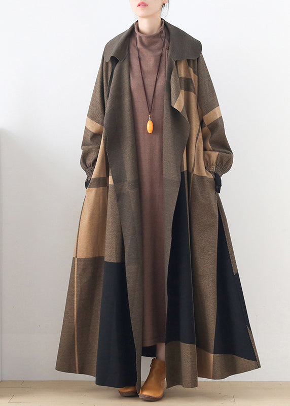 Natural Apricot Peter Pan Collar Plaid Pockets Woolen Trench Coats Long Sleeve