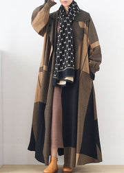 Natural Apricot Peter Pan Collar Plaid Pockets Woolen Trench Coats Long Sleeve