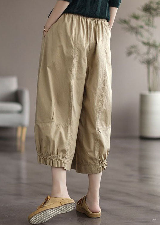 Natural Apricot Pockets Wrinkled Patchwork Cotton Crop Pants Summer