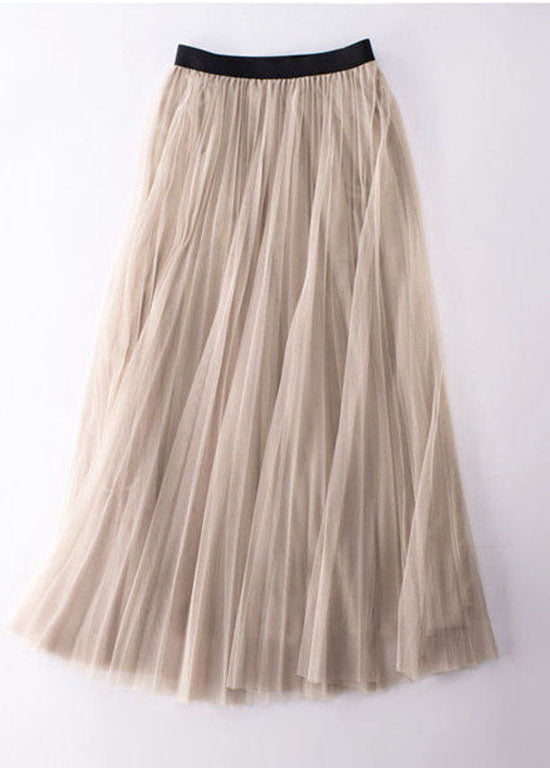 Natural Apricot Wrinkled Elastic Waist Tulle Skirt Summer