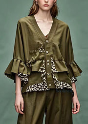 Natural Army Green V Neck Print Outwear Flare Sleeve