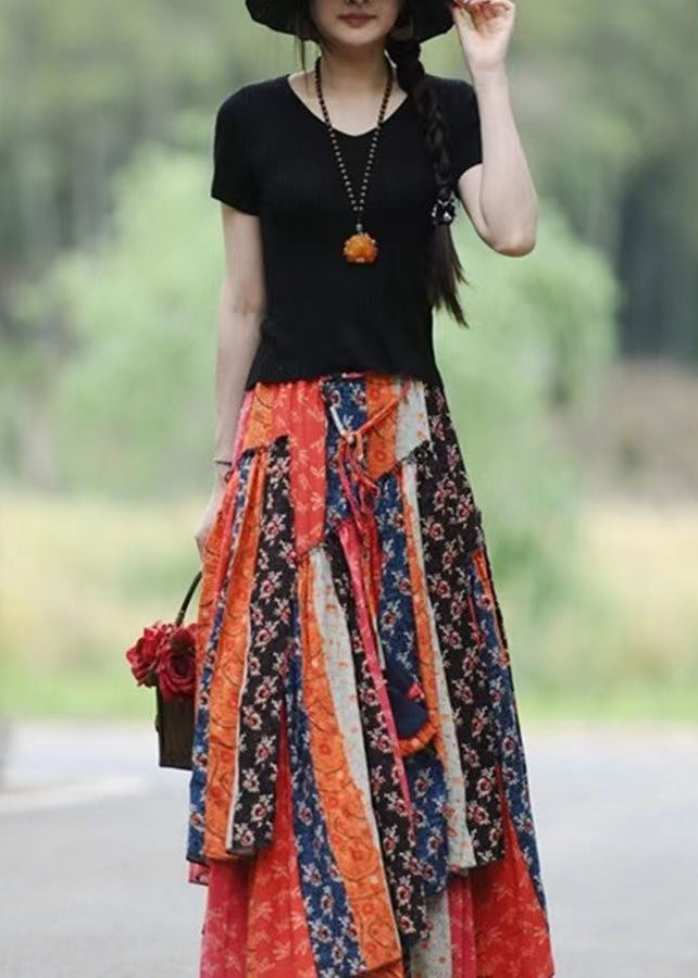 Natural Asymmetrical Print Patchwork Cotton Skirts Spring