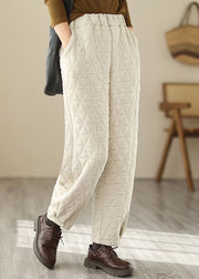 Natural Beige Elastic Waist Fleece Pants Winter