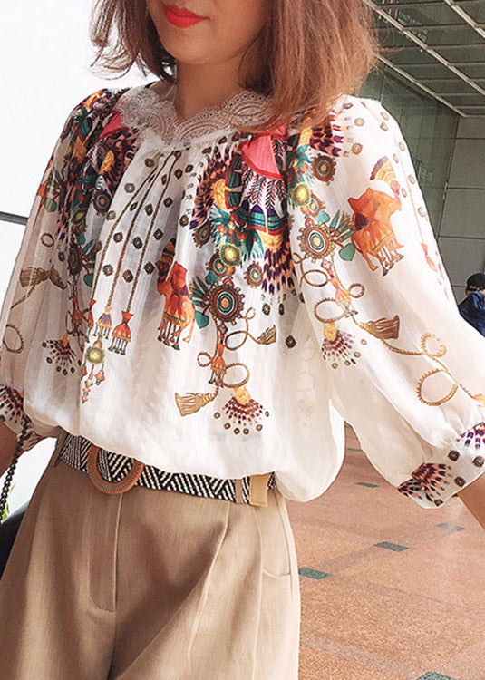 Natural Beige O-Neck Print Silk Shirt Summer