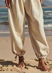 Natural Beige Patchwork Tie Waist Lantern Pants Summer