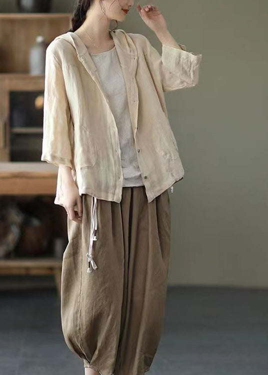 Natural Beige Pockets Patchwork Linen Hoodie Coat Summer