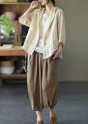 Natural Beige Pockets Patchwork Linen Hoodie Coat Summer