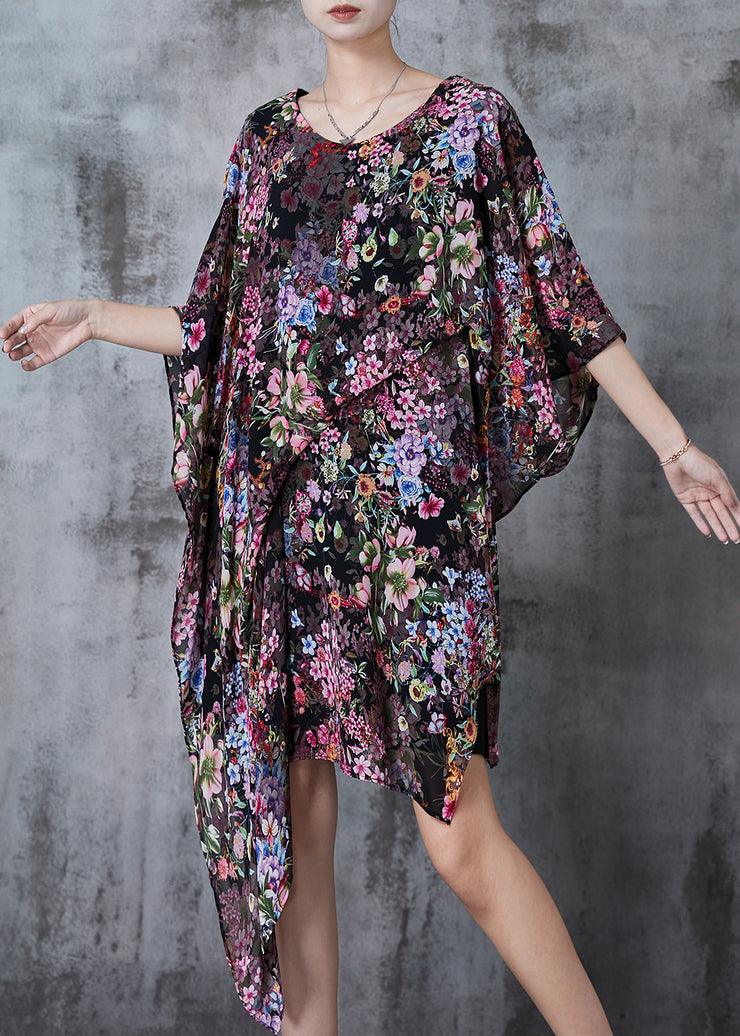 Natural Black Asymmetrical Print Chiffon Tea Dresses Summer