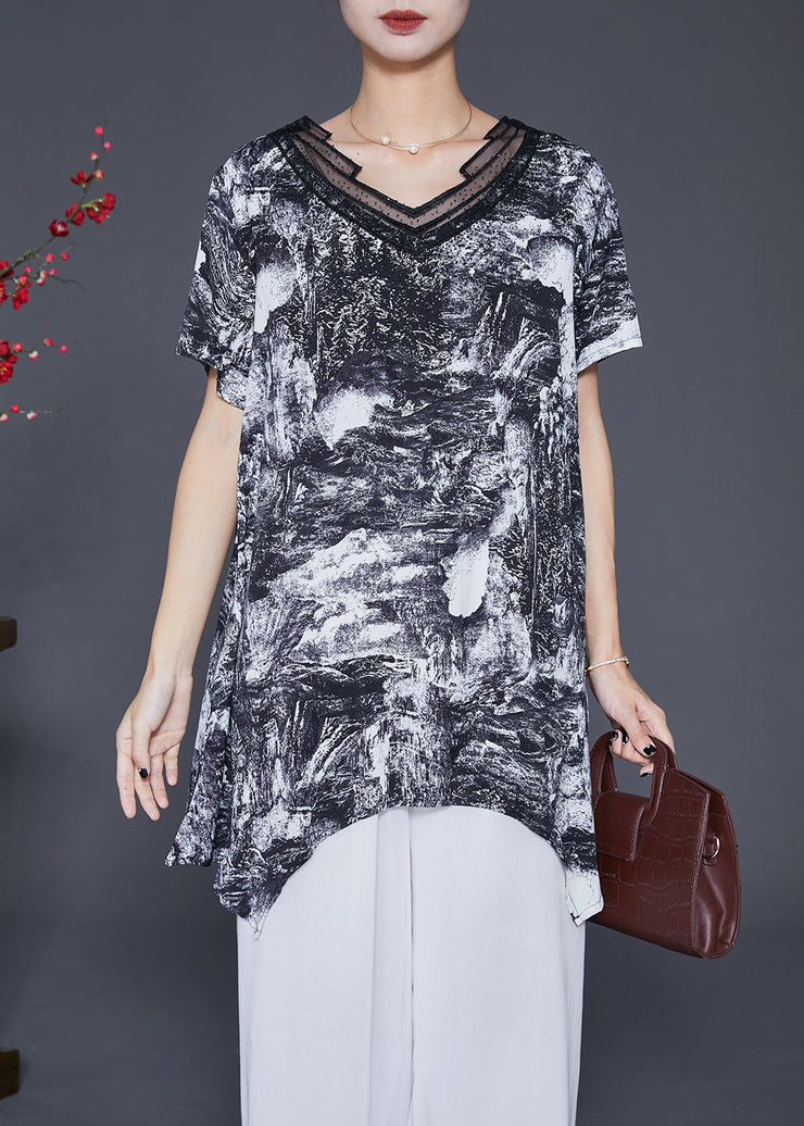 Natural Black Asymmetrical Tie Dye Chiffon Shirt Tops Summer