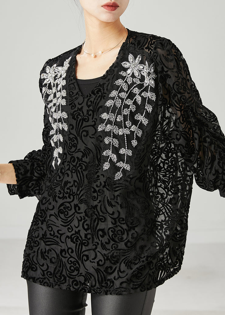 Natural Black Embroidered Jacquard Tulle Shirt Tops Spring