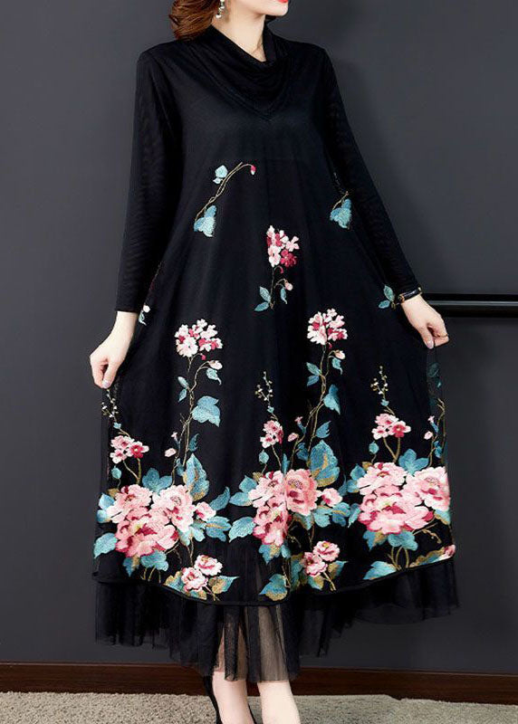 Natural Black Embroideried Patchwork Silk Holiday Dress Spring