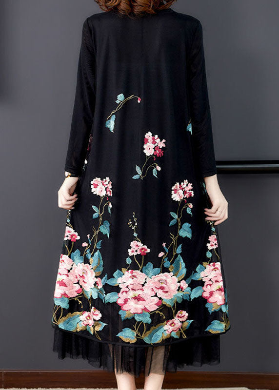 Natural Black Embroideried Patchwork Silk Holiday Dress Spring