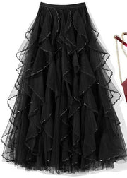 Natural Black High Waist Ruffled Patchwork Tulle Skirts Spring