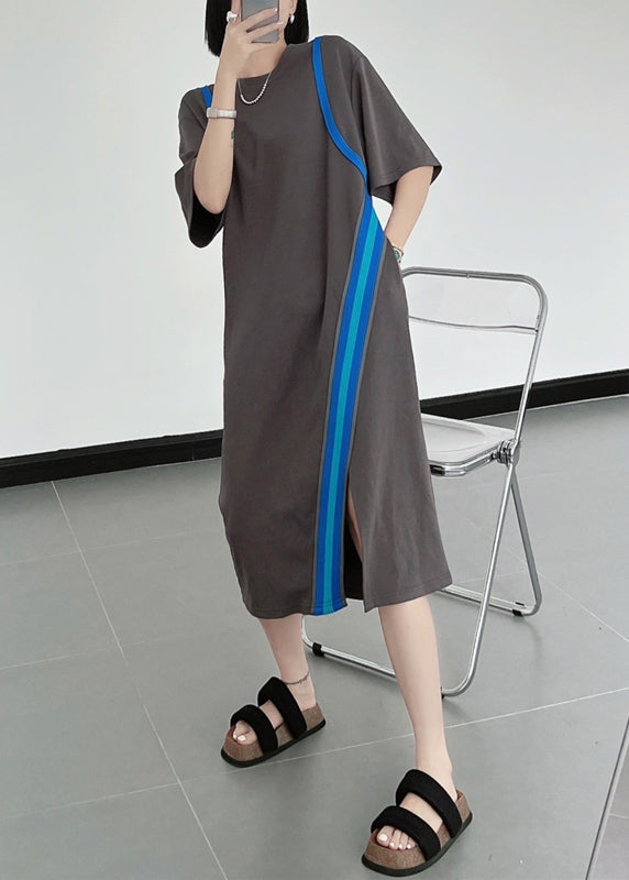 Natural Black O-Neck Asymmetrical Patchwork Cotton Dresses Summer