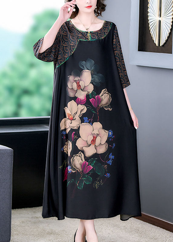 Natural Black O Neck Floral Print Patchwork Silk Long Dresses Summer