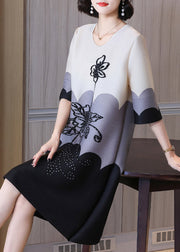 Natural Black O-Neck Print Long Dress Half Sleeve