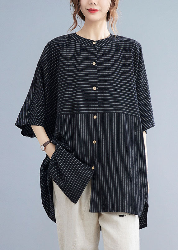 Natural Black O Neck Striped Button Patchwork Cotton Shirt Summer