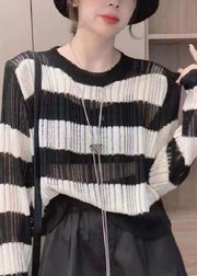 Natural Black O Neck Striped Hollow Out Thin Knit Tops Long Sleeve