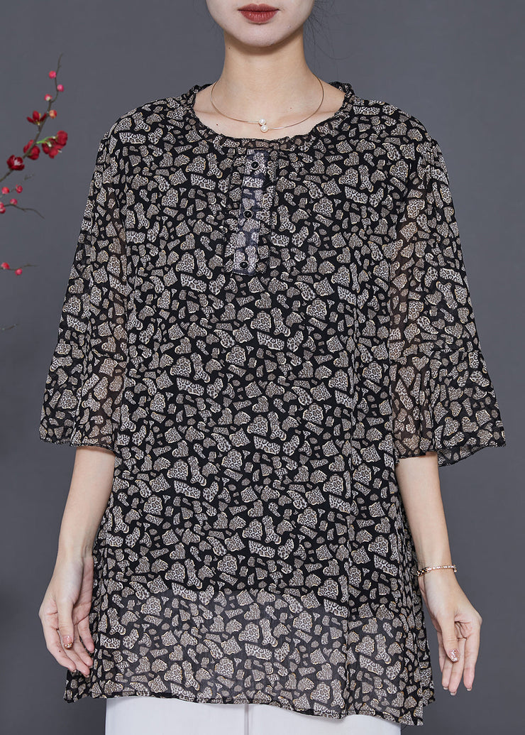 Natural Black Oversized Print Chiffon Top Flare Sleeve