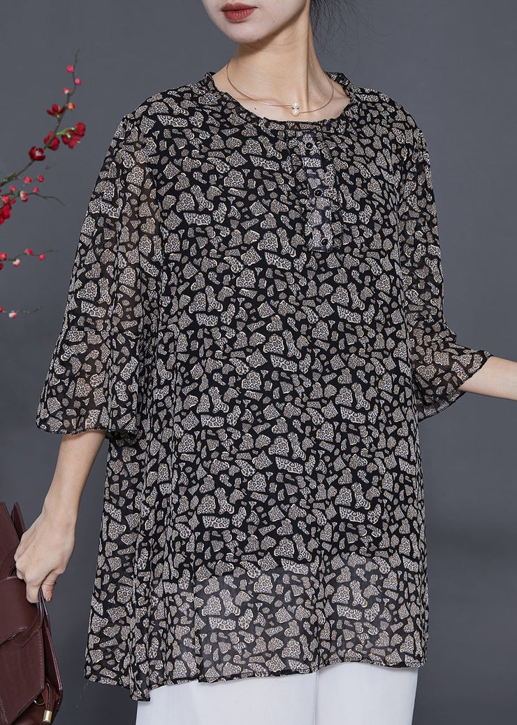 Natural Black Oversized Print Chiffon Top Flare Sleeve