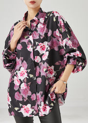 Natural Black Oversized Rose Floral Chiffon Shirt Tops Spring