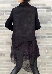 Natural Black Peter Pan Collar Asymmetrical Print Knit Patchwork Chiffon Mid Dress Long Sleeve