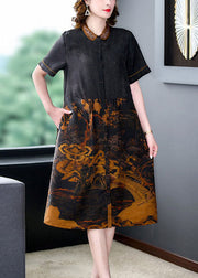 Natural Black Peter Pan Collar Print Pockets Patchwork Silk Dresses Summer