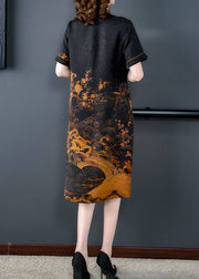 Natural Black Peter Pan Collar Print Pockets Patchwork Silk Dresses Summer