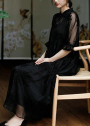 Natural Black Stand Collar Embroideried Floral Button Tulle Long Dress Half Sleeve