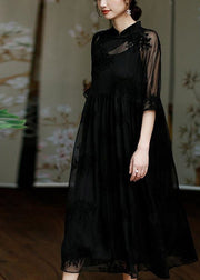 Natural Black Stand Collar Embroideried Floral Button Tulle Long Dress Half Sleeve