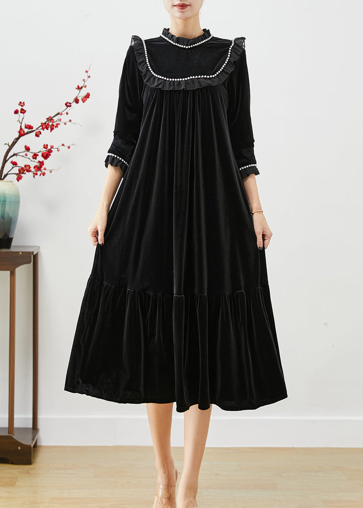 Natural Black Stand Collar Ruffled Patchwork Pearl Silk Velour Dress Fall