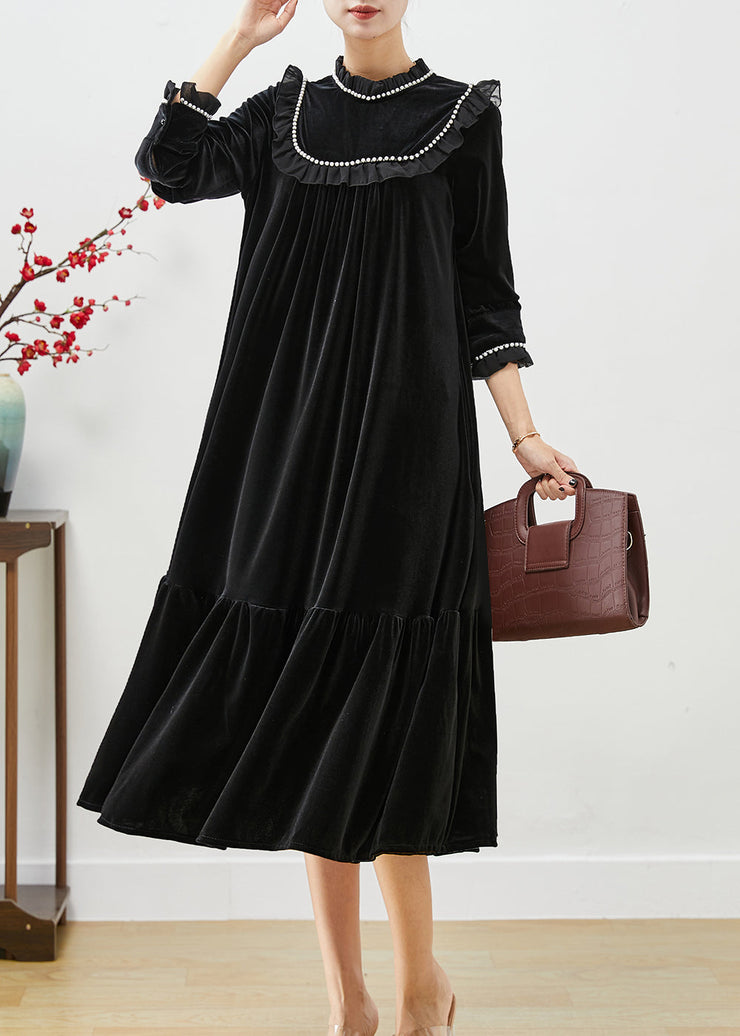 Natural Black Stand Collar Ruffled Patchwork Pearl Silk Velour Dress Fall