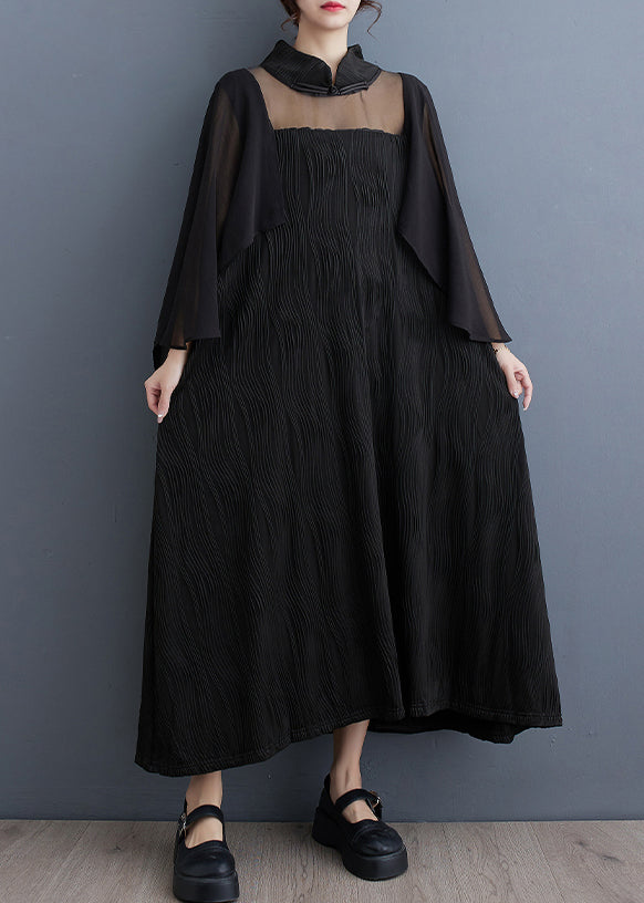 Natural Black Turtleneck Asymmetrical Tulle Holiday Long Dress Spring