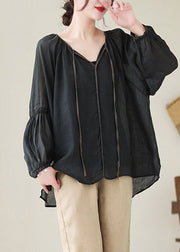 Natural Black V Neck Patchwork Ramie Shirt Spring