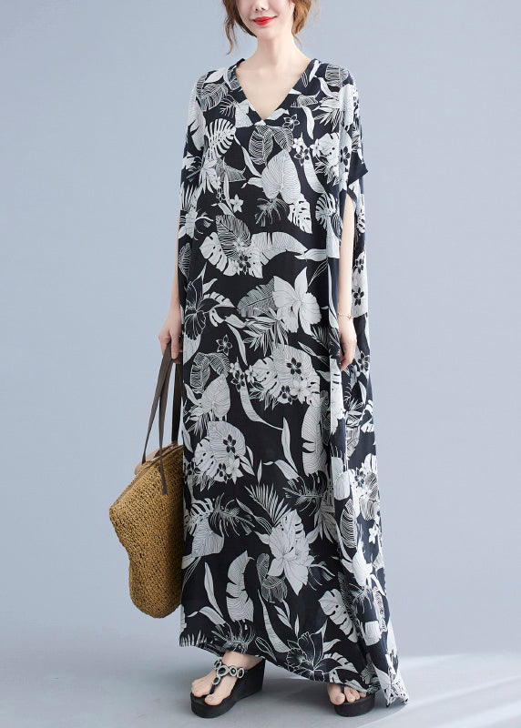 Natural Black V Neck Print Robe Dresses Short Sleeve