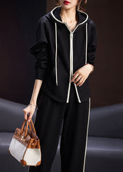 Natural Black Zippered Drawstring Patchwork Hooded Coats And Pants Two Pieces Set Long Sleeve