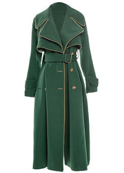 Natural Blackish Green Notched Patchwork Long Sashes Trench Coats Long Sleeve