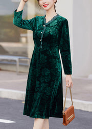 Natural Blackish Green Print Patchwork Button Silk Velour Maxi Dress Fall