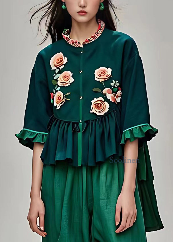 Natural Blackish Green Stand Collar Ruffled Floral Tops Summer