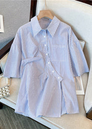 Natural Blue Asymmetrical Patchwork Wrinkled Pockets Shirt Short Sleeve