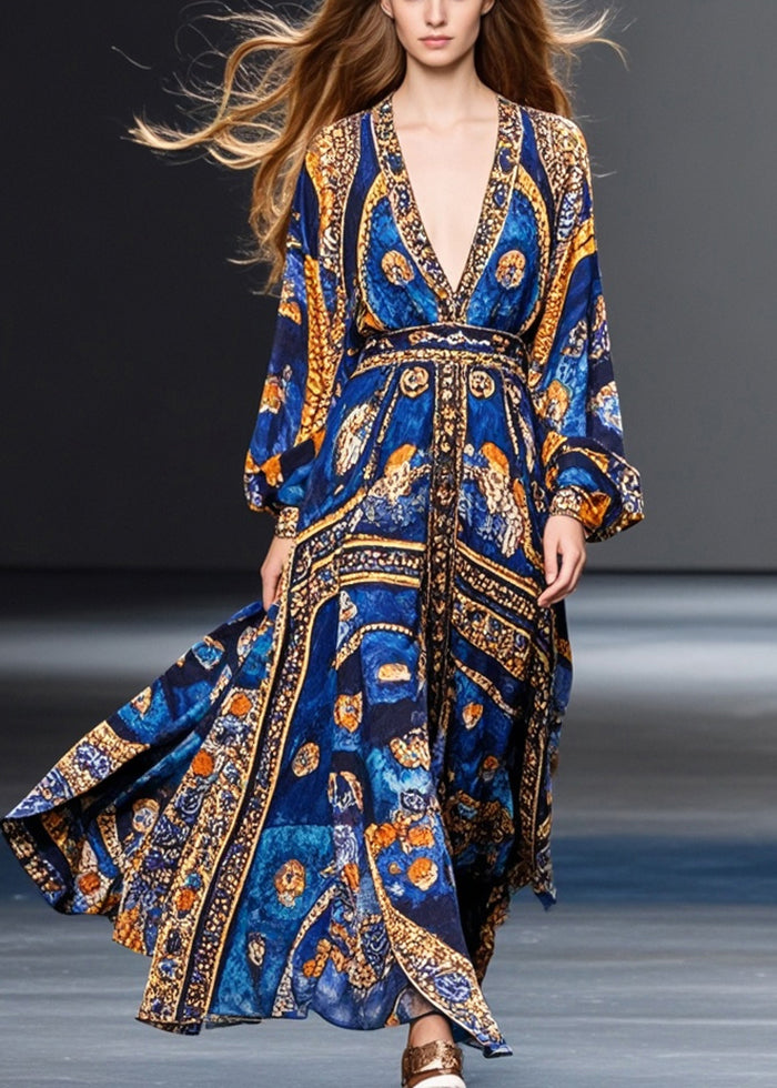 Natural Blue Cinched Print Chiffon Maxi Dresses Fall