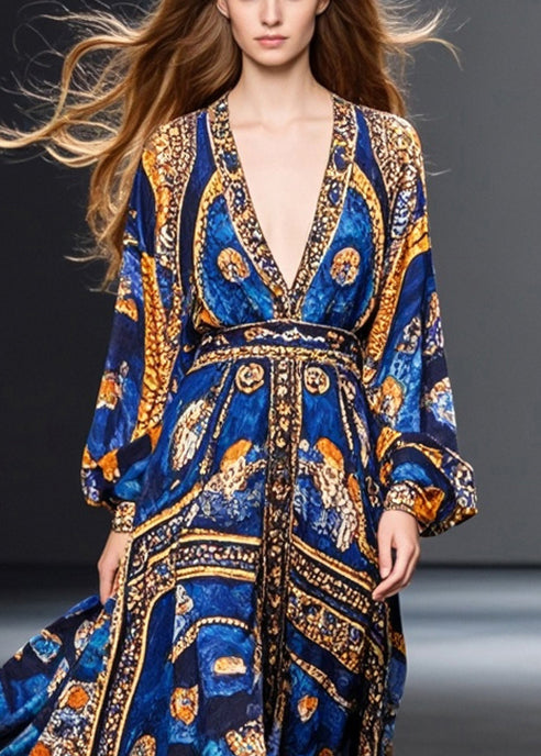 Natural Blue Cinched Print Chiffon Maxi Dresses Fall