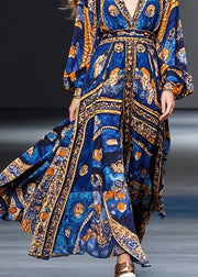 Natural Blue Cinched Print Chiffon Maxi Dresses Fall