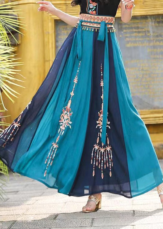 Natural Blue Embroideried Lace Up Patchwork Chiffon Skirt Spring