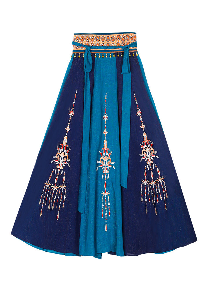 Natural Blue Embroideried Lace Up Patchwork Chiffon Skirt Spring