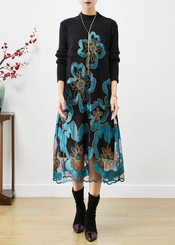 Natural Blue Embroideried Patchwork Knit Dress Fall