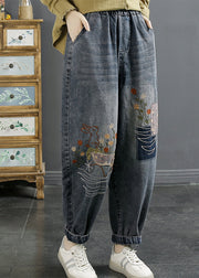 Natural Blue Embroidered Pockets Elastic Waist Denim Pants Fall