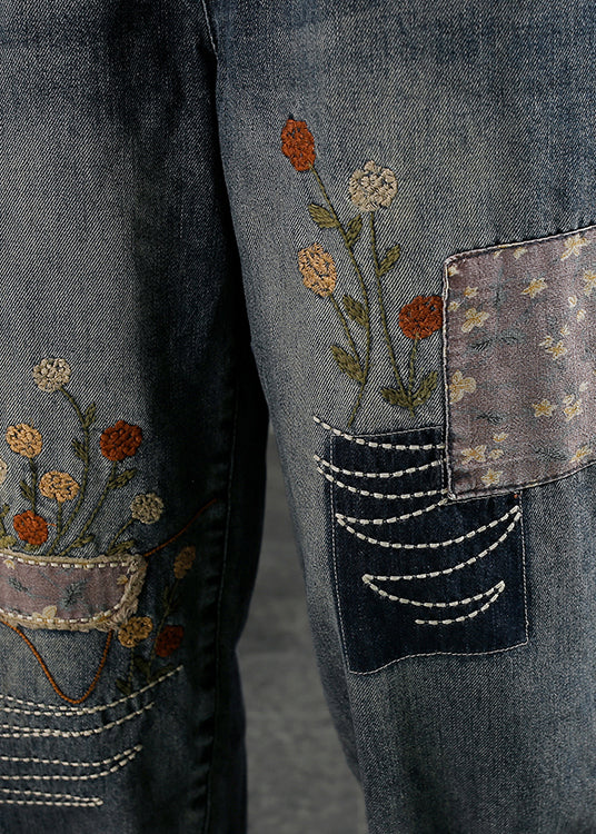 Natural Blue Embroidered Pockets Elastic Waist Denim Pants Fall