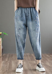 Natural Blue Embroideried Pockets Patchwork Denim Pants Summer